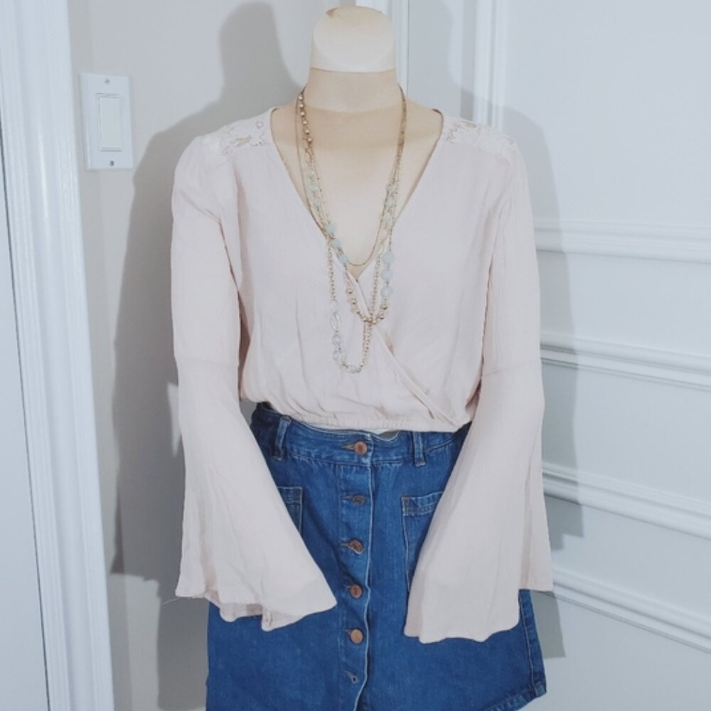 Blush Bell Sleeved Surplice Wrap Crop Top
